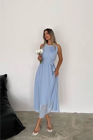 Neşeli butik kadın gül broş detaylı uzun şifon elbise NBK2144