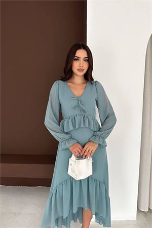 Neşeli butik kadın mint yeşili fiyonk detaylı v yaka volanlı midi boy şifon elbise