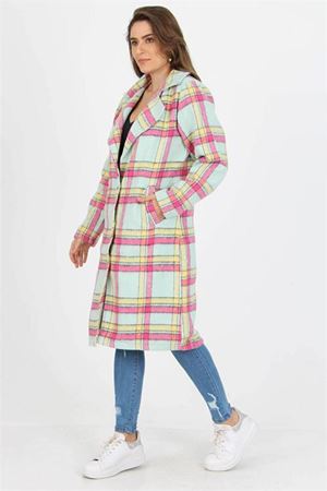 Neşeli Butik Kadın Düğme Detaylı Cepli Ekose Kaşe Kaban NB9018