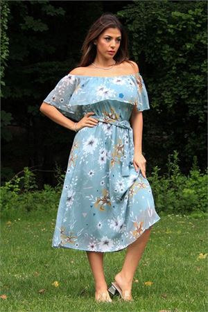 Neşeli butik kadın mint yeşili kuşaklı çiçekli yazlık şifon elbise NB100371