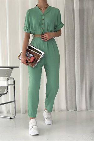 Neşeli butik kadın düğmeli hasır kemerli ayrobin tulum NBTG2000