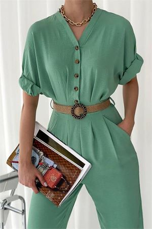 Neşeli butik kadın düğmeli hasır kemerli ayrobin tulum NBTG2000