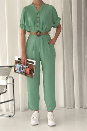Neşeli butik kadın düğmeli hasır kemerli ayrobin tulum NBTG2000