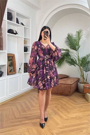 Neşeli butik kadın desenli kemer detyalı mini şifon elbise NBMY3585
