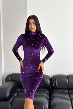 Neşeli butik kadın inci detaylı mini kadife elbise KKLF77 - Mor