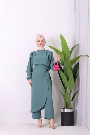 Neşeli butik kadın ithal kumaş etekli tesettür tulum SMS011 - Mint