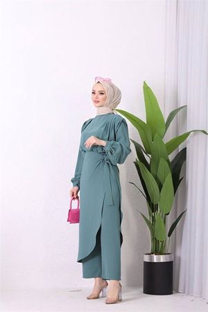 Neşeli butik kadın ithal kumaş etekli tesettür tulum SMS011 - Mint