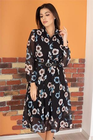 Neşeli butik kadın siyah kemerli gömlek yaka şifon elbise RY0031