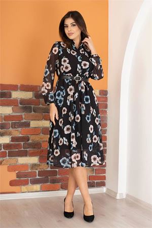 Neşeli butik kadın siyah kemerli gömlek yaka şifon elbise RY0031