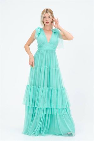 Neşeli butik kadın mint korsajlı V yaka tül abiye elbise NBS9271