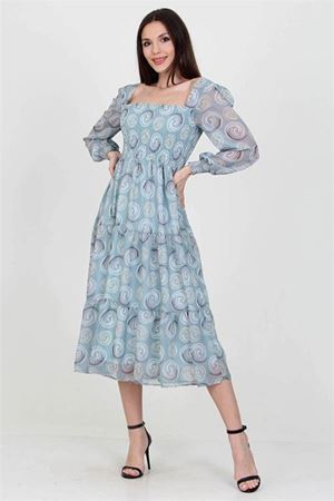 Neşeli butik kadın mint gipeli kare yaka desenli şifon elbise NB100361