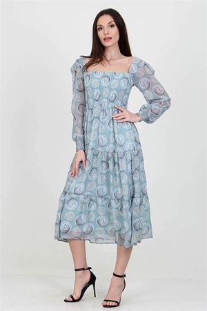 Neşeli butik kadın mint gipeli kare yaka desenli şifon elbise NB100361