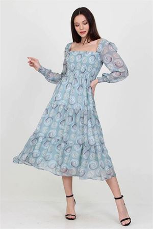 Neşeli butik kadın mint gipeli kare yaka desenli şifon elbise NB100361