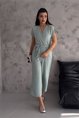 Neşeli butik kadın bej bağlama detaylı ayrobin tulum NBTG7035