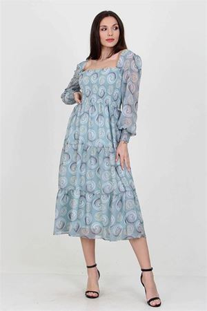 Neşeli butik kadın mint gipeli kare yaka desenli şifon elbise NB100361