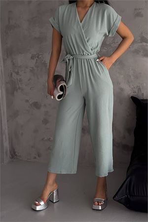 Neşeli butik kadın bej bağlama detaylı ayrobin tulum NBTG7035