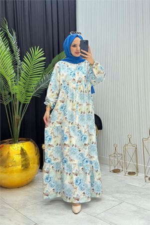 Neşeli butik kadın mavi boydan düğmeli çiçek desenli yazlık tesettür elbise NMS098