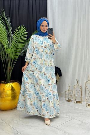 Neşeli butik kadın mavi boydan düğmeli çiçek desenli yazlık tesettür elbise NMS098