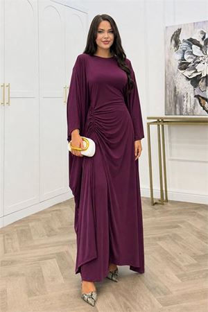 Neşeli butik kadın mürdüm büzgü detaylı premium tunik pantolon tesettür takım NMS103