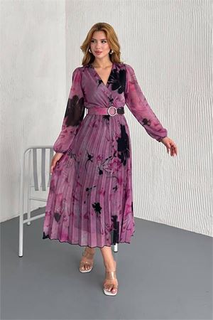Neşeli butik kadın kemerli kruvaze yaka desenli şifon elbise NBK20302