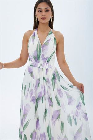 Neşeli butik kadın mor yaprak desen halter yaka maxi boy elbise NBMY4122