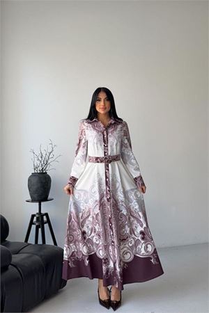 Neşeli butik kadın mor gömlek yaka kemer detaylı desenli tasarım elbise --- NBMS2648