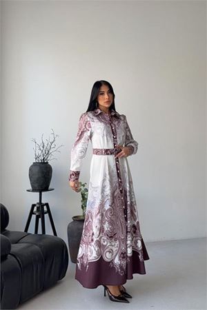 Neşeli butik kadın mor gömlek yaka kemer detaylı desenli tasarım elbise --- NBMS2648