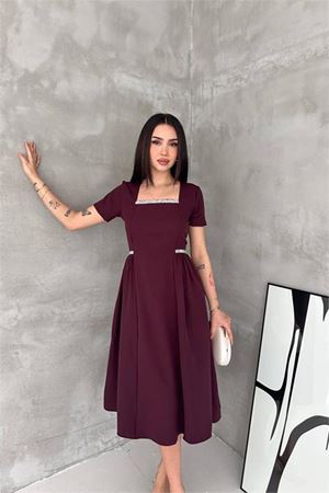 Neşeli butik kadın mürdüm kare yaka taş detaylı etek drapeli midi boy elbise ---- NBK4621