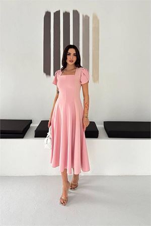 Neşeli butik kadın pembe kare yaka balon kol midi boy elbise NBK4550