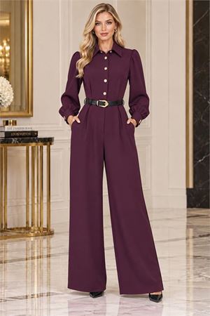 Neşeli butik kadın mürdüm balon kol kemerli gömlek yaka krep kumaş tulum NBK5006