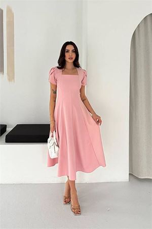 Neşeli butik kadın pembe kare yaka balon kol midi boy elbise NBK4550