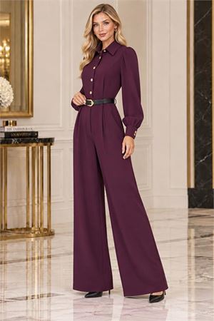 Neşeli butik kadın mürdüm balon kol kemerli gömlek yaka krep kumaş tulum NBK5006