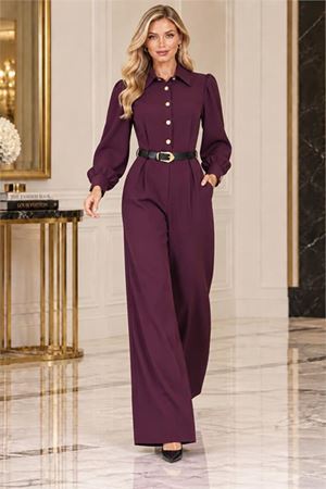 Neşeli butik kadın mürdüm balon kol kemerli gömlek yaka krep kumaş tulum NBK5006