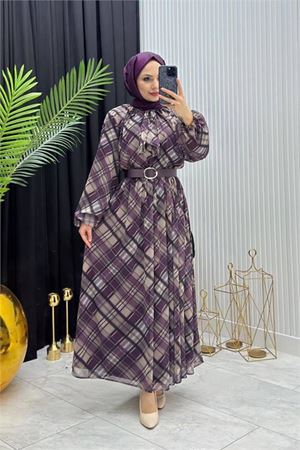 Neşeli butik kadın mor ekose desen yaka bağlama detaylı tül kumaş tesettür elbise NMS087