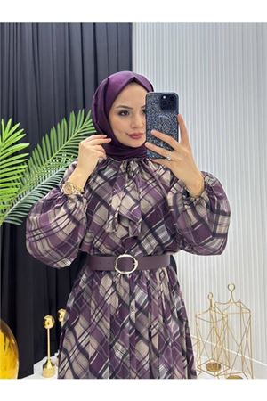 Neşeli butik kadın mor ekose desen yaka bağlama detaylı tül kumaş tesettür elbise NMS087
