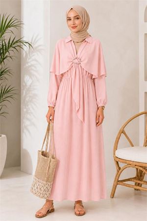 Neşeli butik kadın pembe pelerin detaylı gömlek yaka bel lastikli tesettür elbise NBELB014