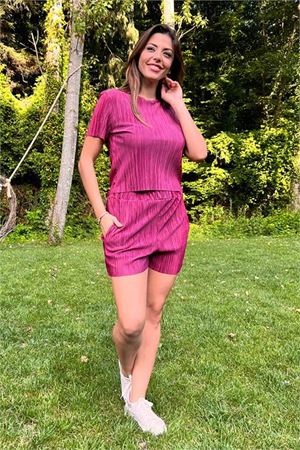 Neşeli butik kadın mürdüm piliseli alt üst şortlu takım NB10047