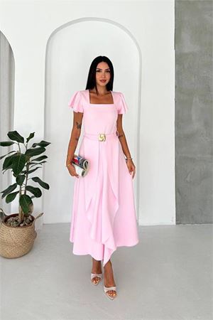 Neşeli butik kadın pembe kol volanlı gold toka detaylı kemerli midi boy elbise NBK088