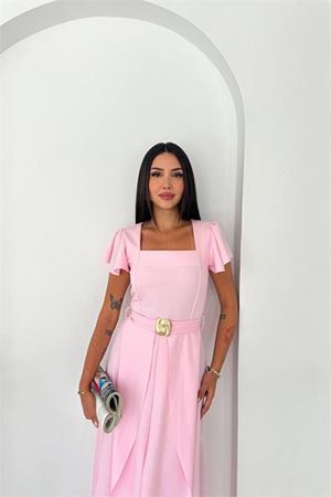 Neşeli butik kadın pembe kol volanlı gold toka detaylı kemerli midi boy elbise NBK088