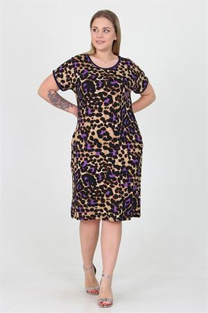 Neşeli butik kadın viskon leopar desenli büyük beden günlük elbise AYSL21
