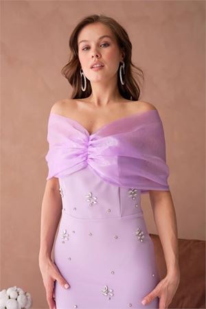 Neşeli butik kadın pembe tül ve taş detaylı abiye elbise NBS9372