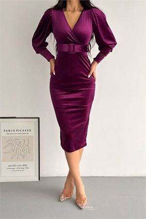 Neşeli butik kadın düğme detaylı kruvaze kadife elbise KKLF81