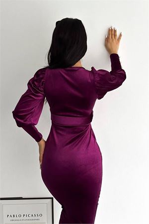 Neşeli butik kadın düğme detaylı kruvaze kadife elbise KKLF81