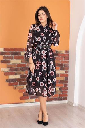 Neşeli butik kadın gömlek yaka kemerli çiçek desenli şifon elbise RY0031