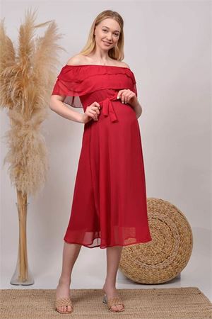 Neşeli butik kadın mürdüm madonna yaka şifon hamile elbisesi HML8060
