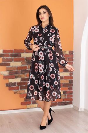 Neşeli butik kadın gömlek yaka kemerli çiçek desenli şifon elbise RY0031