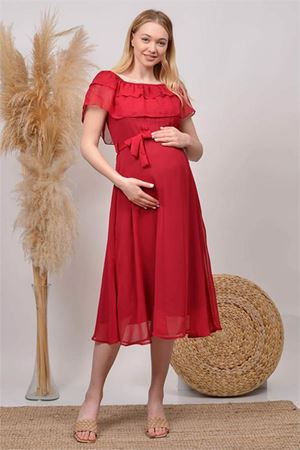 Neşeli butik kadın mürdüm madonna yaka şifon hamile elbisesi HML8060