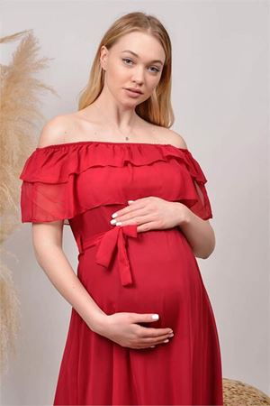 Neşeli butik kadın mürdüm madonna yaka şifon hamile elbisesi HML8060