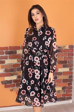 Neşeli butik kadın gömlek yaka kemerli çiçek desenli şifon elbise RY0031
