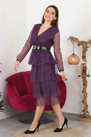 Neşeli butik kadın kemerli eteği kat kat yeni sezon tül elbise NB10006